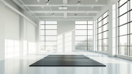 Wall Mural - The gym white interior with a black yoga mat, big windows, and no people. Copy space