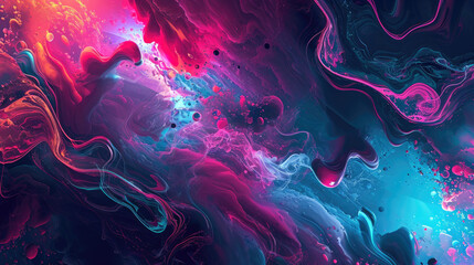 Wall Mural - Fluid background with glowing plasma-like shapes in intense neon colors on a dark background