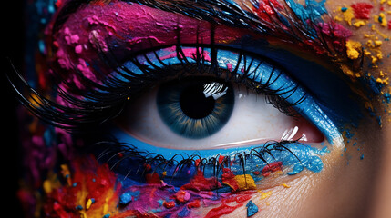 Wall Mural - blue eye with colorful makeup. creative makeup concept