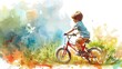 Little boy on a bicycle, watercolor illustration
