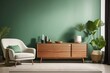 © Basileus - Interior home design of modern living room with armchair and wooden sideboard with wooden furniture and houseplants on the green wall