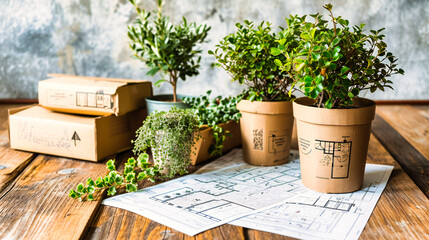 Wall Mural - Aromatic herb garden with various potted plants, showcasing nature, organic growth, and culinary ingredients.