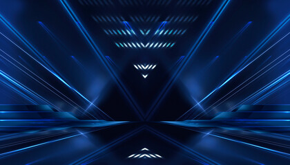 Wall Mural - abstract scene from rays of light with stairs, blue neon, spotlights.