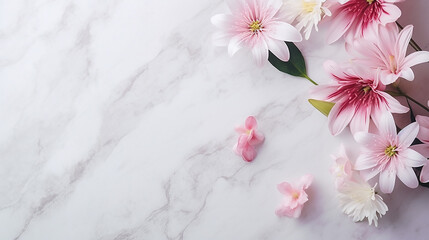 Wall Mural - white marble background with flowers composition white and pink beautiful flowers