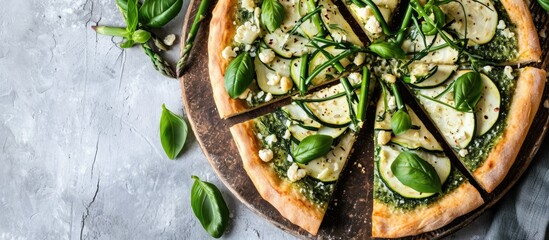 Wall Mural - Green pizza with cauliflower, spinach, zucchini, and asparagus.