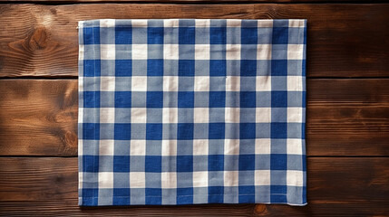 blue and white checkered dishcloth on brown rustic wooden table