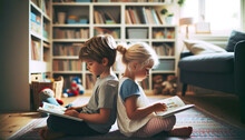 Brother And Sister Reading Picture Books Together Sitting Back To Back. Reading Together Gives Siblings Something Fun To Do And It Also Reinforces Their Bonds Of Love.