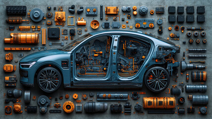 An AI generative image flatlay electric car component been disassemble at workshop.