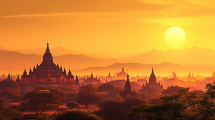 Scenic view of Bagan in Myanmar during sunrise in landscape comic style.