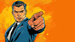 © Tepsarit - cool looking angry businessman pointing finger toward camera in colorful comic illustration style. Copyspace for text.