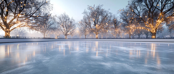 Ice rink background with decoration, lights, lanterns. Ice skating at the winter park. Winter holidays mockup. Outdoor leisure, entertainment. Generative ai.