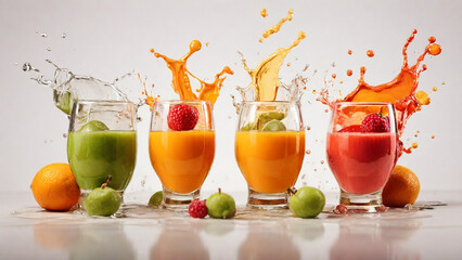 Wall Mural - Fruit juices splashing into glasses with splashes on white background