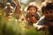 Easter egg hunt for children, playful girls and boys on the grass, hunting for eggs