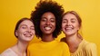 Portrait of three nice attractive charming lovely cute cheerful cheery person in order of hierarchy duty looking aside copy space isolated over bright vivid shine yellow background