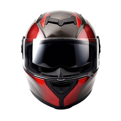 A red motorcycle carbon integral crash helmet isolated on a transparent background.