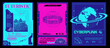 Trio of neon-colored, retro-futuristic posters with cyberpunk and space themes. Vector set of 2000s aesthetic banners with alien world and twinkles. Retro-Futuristic Poster Designs