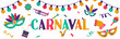 Carnaval - Bannière - Illustrations et titre autour de mardi gras - Illustration festive joyeuse avec des guirlandes, guinguettes, instruments de musique, cotillons, confettis et bolduc
