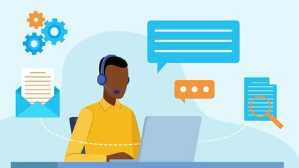 Flat design animation of a reading businesswoman wearing a headset, working on a laptop. Email, document and gears appear around the figure.