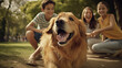 Golden Retriever, a happy family, plays in the park, Retriever with family, People are sitting with the dog, people laugh with dog, 