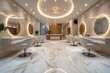 © Darya Lavinskaya - Luxury beauty salon interior with large mirrors, armchairs in row on beige marble floor