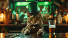 Gray Tabby Cat Bartender In A Green Hat Behind The Counter In A Pub, For The St Patrick Day, Banner