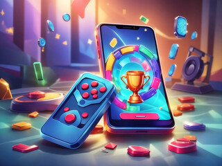 Wall Mural - phone games. realistic smartphone with winner cup on screen, gamepad design. victory in online compe