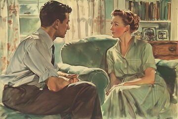 classic illustration 1960s ,a couple having a conversation at home, vintage retro  colors