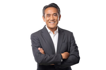 Wall Mural - Asian middle-aged business man smiling in suit, crossed arms isolated on a transparent background.