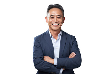 Asian middle-aged business man smiling in suit, crossed arms isolated on a transparent background.