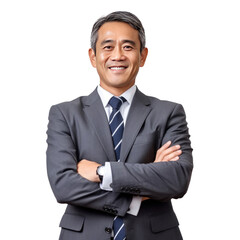 Wall Mural - Asian middle-aged business man smiling in suit, crossed arms isolated on a transparent background.