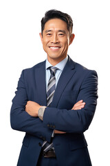 Wall Mural - Asian middle-aged business man smiling in suit, crossed arms isolated on a transparent background.