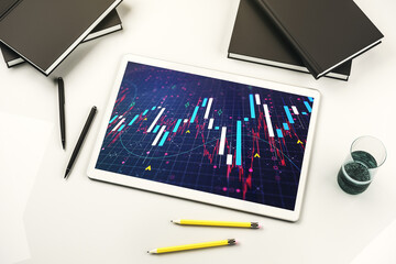 Aufkleber - Modern digital tablet monitor with abstract creative financial chart, research and analytics concept. Top view. 3D Rendering
