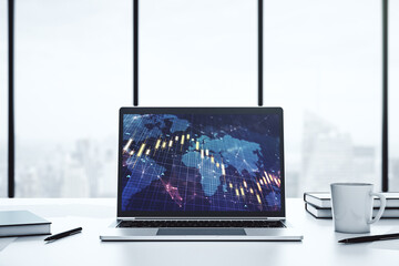 Poster - Modern computer screen with abstract creative financial chart with world map, research and analytics concept. 3D Rendering