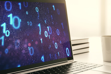 Poster - Creative abstract binary code sketch on modern laptop monitor, hacking and matrix concept. 3D Rendering