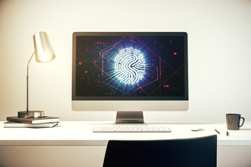 Poster - Computer monitor with abstract fingerprint scan interface, digital access concept. 3D Rendering