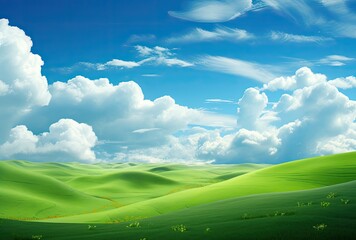 Wall Mural - Rolling green hills beneath a bright blue sky adorned with fluffy clouds.