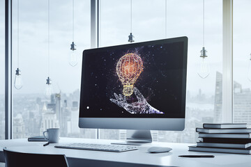 Aufkleber - Modern computer monitor with creative light bulb hologram, research and development concept. 3D Rendering
