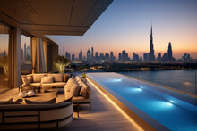 Impressive Spacious Penthouse Terrace With Pool And Views Of Dubai. Skyscrapers Of The United Arab Emirates.
