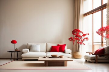 Japanese interior home design of modern living room with beige sofa and wooden table with plush pillows and red houseplants