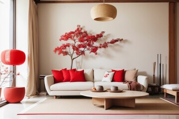 Wall Mural - Japanese interior home design of modern living room with beige sofa and wooden table with plush pillows and red houseplants