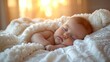 © kittikunfoto - A peaceful newborn baby sleeps soundly on a soft blanket, bathed in the gentle warmth of morning sunlight.