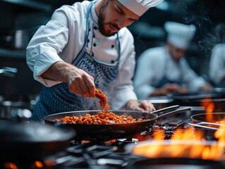 Chefs in a commercial kitchen at work, AI generated