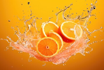 Wall Mural - A cinematic shot capturing the moment of orange fruits falling into water with a splash, perfect for commercial use, particularly for advertising orange juice or refreshing beverages.