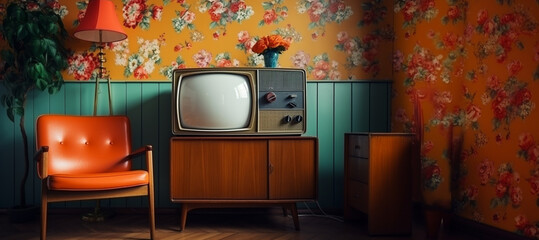 Retro interior of vintage room with 60s TV and furniture. Old fashioned part of the room.