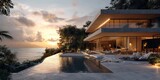 Fototapeta  - modern minimalistic house perched on a sea cliff sunrise ambiance with hues of soft yellow, light pink, and sky blue  overlooking tranquil ocean, gentle morning light