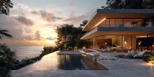 Modern Minimalistic House Perched On A Sea Cliff Sunrise Ambiance With Hues Of Soft Yellow, Light Pink, And Sky Blue  Overlooking Tranquil Ocean, Gentle Morning Light