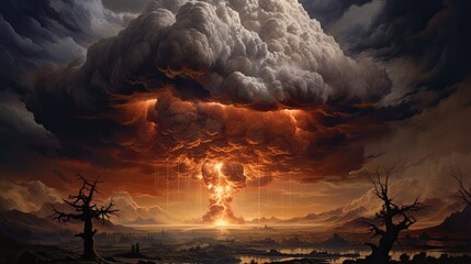 Wall Mural - An intense depiction of a futuristic nuclear explosion against a dark background, illustrating a dramatic and ominous scene.