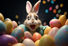 Crazy Easter Bunnies, Funny And Cute. Colorful Easter Eggs. AI Generative.