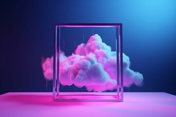 Wall Mural - Stylish backdrop with cloud formation, blue and purple hues, framed in a neon rectangle. Generative AI