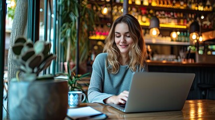 Wall Mural - A cozy home office setup with a stylish, minimalistic design, featuring a young professional working on a laptop, with a pet sleeping nearby